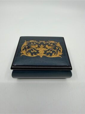 Navy Blue wood with inlay jewelry box with velvet lining
